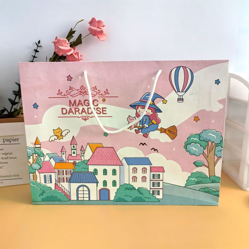Geantă mare de cadouri cu un desen animat drăguț pe carton alb, geantă de mână pentru copii, pungă suvenir pentru cadouri, cadou creativ
