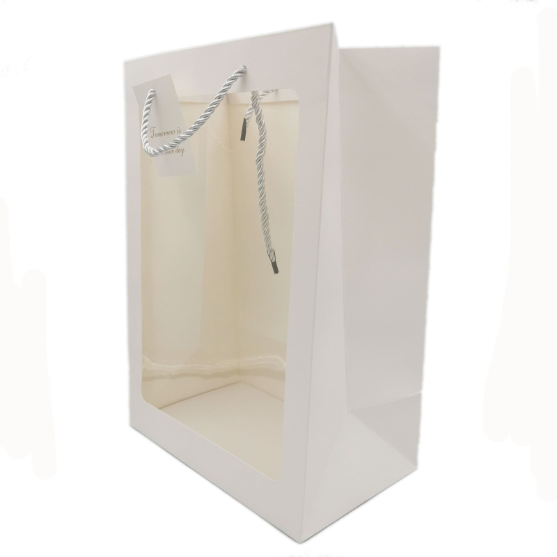 Geantă de cadouri din hârtie cu fereastră transparentă, mâner, bază pătrată, carton alb; ambalaj general. Disponibilă în negru, roz, roșu și alb (design vertical)