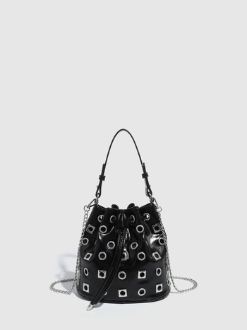 PU bucket torba s rivet detaljima i prorezima u punk stilu, podesivi remen za crossbody, ženska svakodnevna moda