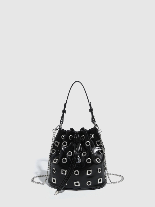 PU bucket torba s rivet detaljima i prorezima u punk stilu, podesivi remen za crossbody, ženska svakodnevna moda