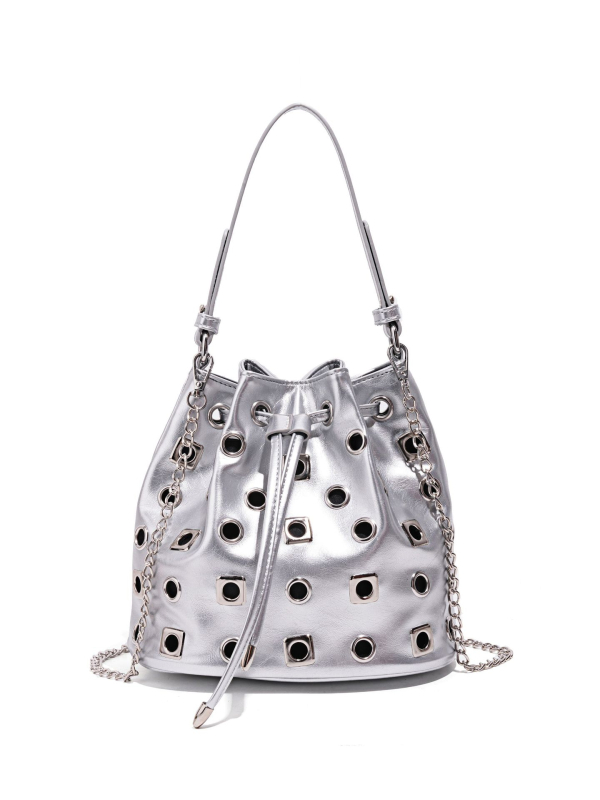 PU bucket torba s rivet detaljima i prorezima u punk stilu, podesivi remen za crossbody, ženska svakodnevna moda