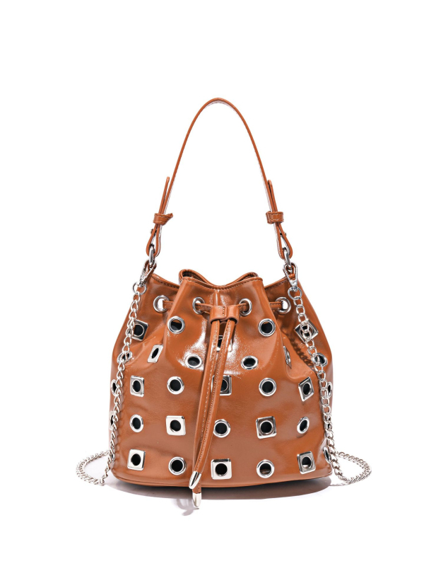 PU bucket torba s rivet detaljima i prorezima u punk stilu, podesivi remen za crossbody, ženska svakodnevna moda
