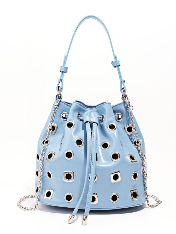 PU bucket torba s rivet detaljima i prorezima u punk stilu, podesivi remen za crossbody, ženska svakodnevna moda