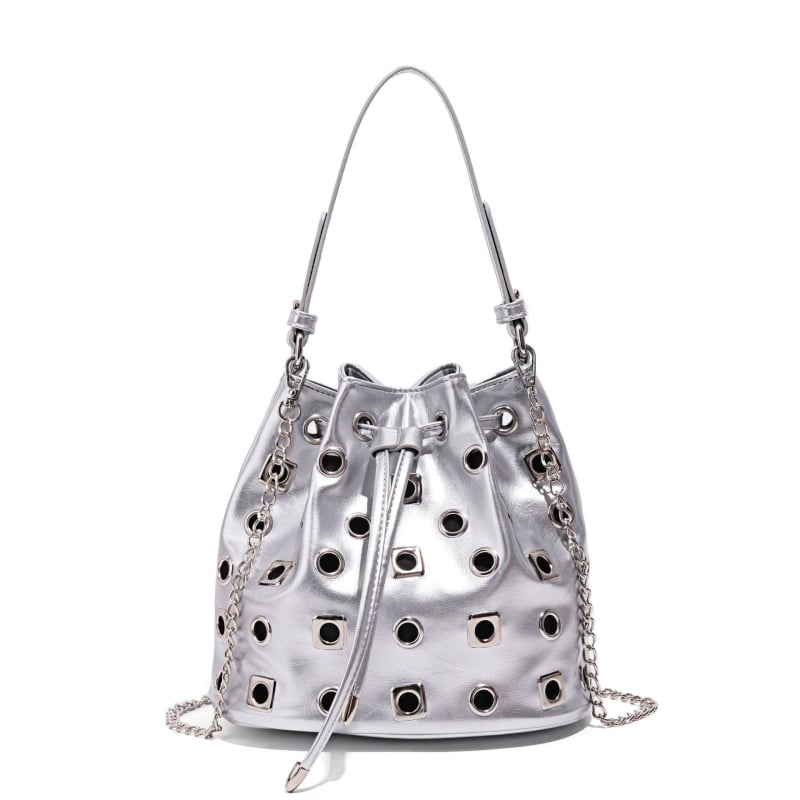 PU bucket torba s rivet detaljima i prorezima u punk stilu, podesivi remen za crossbody, ženska svakodnevna moda