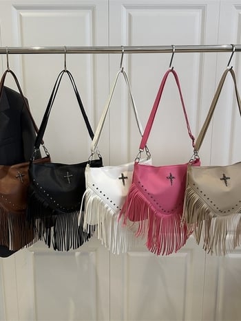 Ženska PU kožna crossbody torba s rivetima i resicama, jesen 2025