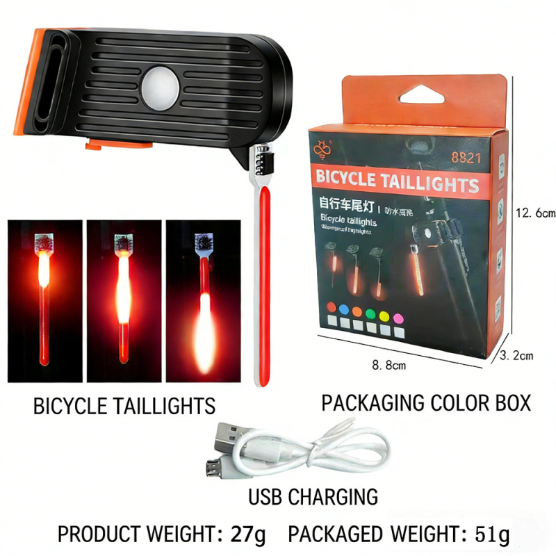 Stražnja svjetiljka za bicikl, MTB i cestovni bicikl, USB-C, držač remenom, svjetlo upozorenja s učinkom protoka vode