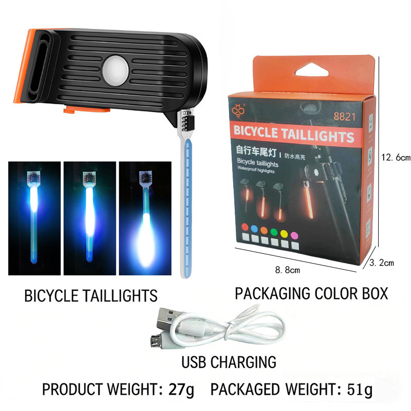 Stražnja svjetiljka za bicikl, MTB i cestovni bicikl, USB-C, držač remenom, svjetlo upozorenja s učinkom protoka vode