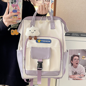 Универсална раница от найлон, вдъхновена от Harajuku японски уличен стил, дизайн с цветови блокове, ежедневна минималистична ученическа раница с дишащи презрамки.
