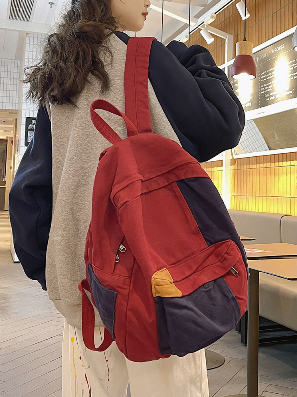 Ženski ranac od platna u japanskom stilu s bočnim blokovima boja, minimalistički Harajuku stil s korejskim street utjecajem za učenice i studentice