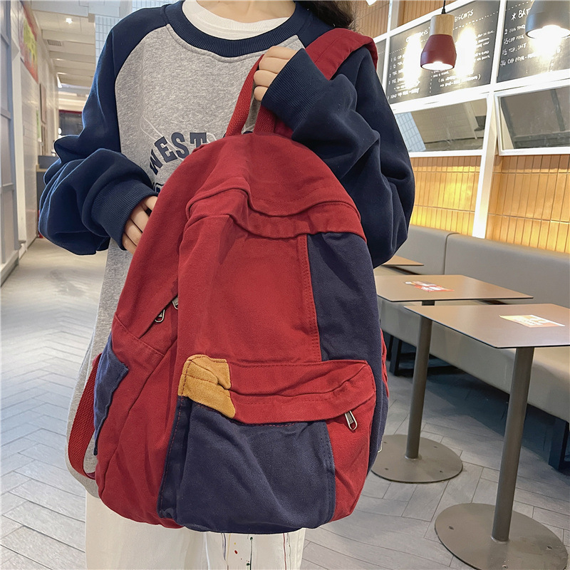 Ženski ranac od platna u japanskom stilu s bočnim blokovima boja, minimalistički Harajuku stil s korejskim street utjecajem za učenice i studentice