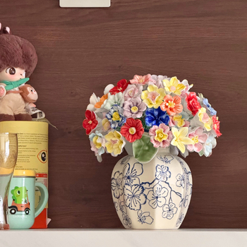 Buchet din flori ceramice mari, bujor, lucrat manual, decor pentru casă