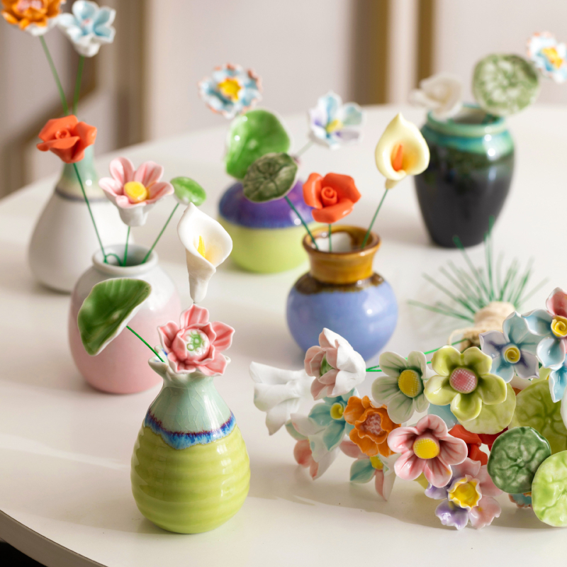 Buchet din flori ceramice mari, bujor, lucrat manual, decor pentru casă