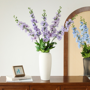 Floare artificială cu atingere realistă, tulpină simplă Delphinium mare și violet, floare decorativă primăvară-vară pentru nunți