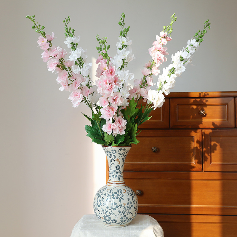 Floare artificială cu atingere realistă, tulpină simplă Delphinium mare și violet, floare decorativă primăvară-vară pentru nunți