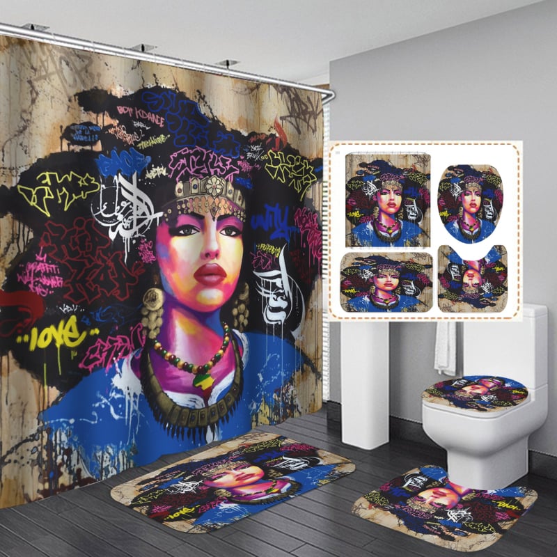 Set de duș din 4 piese, model cu trandafir roșu, decor festiv pentru baie, covoraș de baie absorbant și covoraș în formă de U
