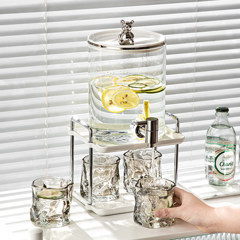 Dispenser din sticlă pentru apă rece, cu robinet, design ursuleț, capacitate mare, pentru living