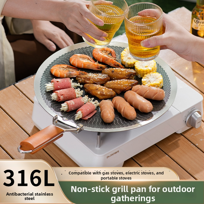 Tigaie grill din oțel inoxidabil 316, antiaderentă, cu suprafață fagur, pliabilă, compatibilă cu plita cu inducție, rotundă