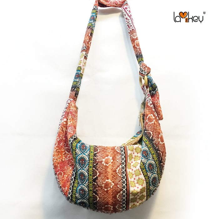 Γυναικεία τσάντα crossbody με εκτυπωμένο εθνοτικό σχέδιο σε στυλ λογοτεχνίας και τέχνης, ύφασμα από λινό και βαμβάκι, ρυθμιζόμενος μακρύς ιμάντας, τσάντα σε σχήμα μισοφέγγαρου