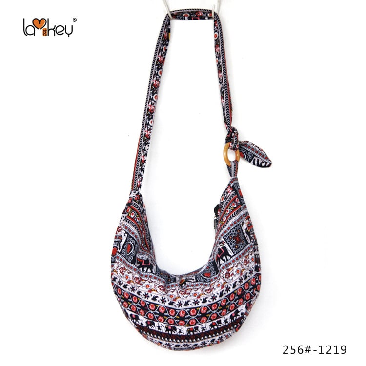 Γυναικεία τσάντα crossbody με εκτυπωμένο εθνοτικό σχέδιο σε στυλ λογοτεχνίας και τέχνης, ύφασμα από λινό και βαμβάκι, ρυθμιζόμενος μακρύς ιμάντας, τσάντα σε σχήμα μισοφέγγαρου