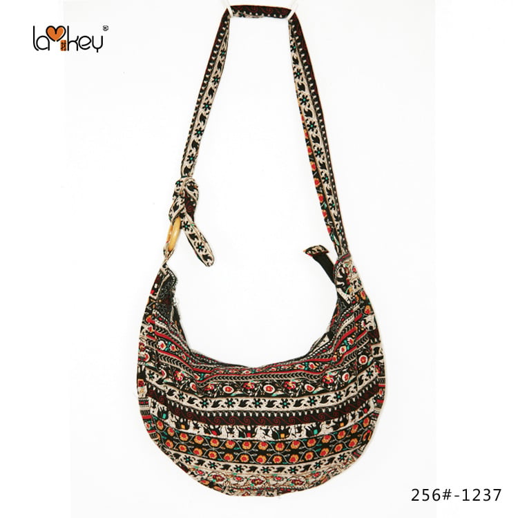 Γυναικεία τσάντα crossbody με εκτυπωμένο εθνοτικό σχέδιο σε στυλ λογοτεχνίας και τέχνης, ύφασμα από λινό και βαμβάκι, ρυθμιζόμενος μακρύς ιμάντας, τσάντα σε σχήμα μισοφέγγαρου