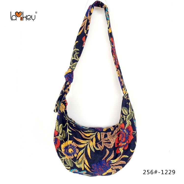 Γυναικεία τσάντα crossbody με εκτυπωμένο εθνοτικό σχέδιο σε στυλ λογοτεχνίας και τέχνης, ύφασμα από λινό και βαμβάκι, ρυθμιζόμενος μακρύς ιμάντας, τσάντα σε σχήμα μισοφέγγαρου