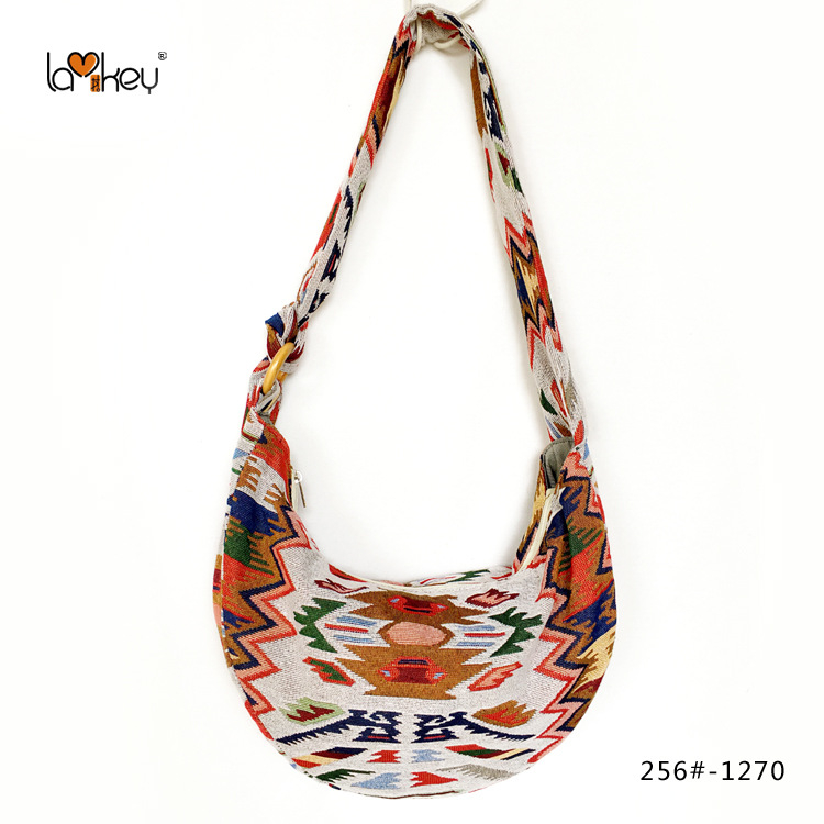 Γυναικεία τσάντα crossbody με εκτυπωμένο εθνοτικό σχέδιο σε στυλ λογοτεχνίας και τέχνης, ύφασμα από λινό και βαμβάκι, ρυθμιζόμενος μακρύς ιμάντας, τσάντα σε σχήμα μισοφέγγαρου