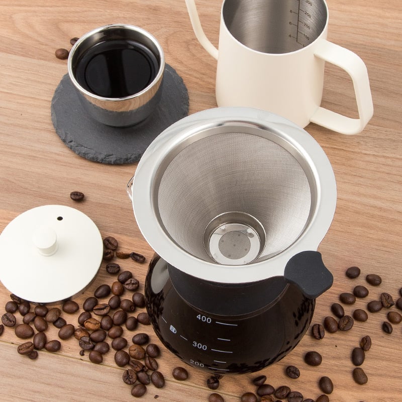 Ceașcă pour-over pentru cafea cu filtru din oțel inoxidabil și carafă de sticlă, set pentru preparare acasă