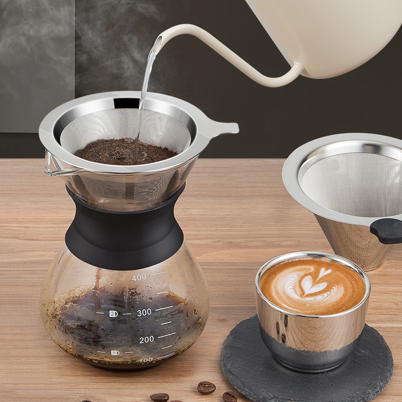 Ceașcă pour-over pentru cafea cu filtru din oțel inoxidabil și carafă de sticlă, set pentru preparare acasă
