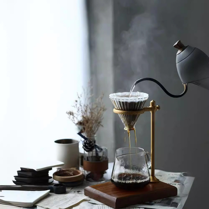 Filtru de cafea italian, pentru preparare manuală, cu bază din lemn și suport din aliaj de aluminiu, suport pentru pahare din sticlă, uz casnic