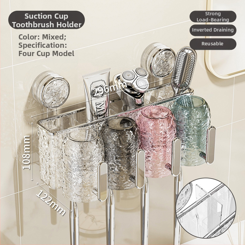 Suport pentru periuțe de dinți cu ventuză, montat pe perete, fără găuri, pentru pastă de dinți și pahar de clătire