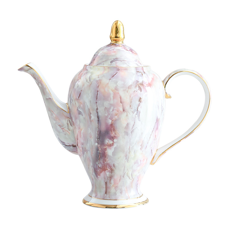 Set de cafea din marmură, porțelan de oase cu finisaj auriu, în stil european — cești și farfurioare, oală de cafea