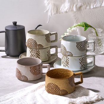 Set de cești de cafea din ceramică brută pentru mic dejun, stil vintage, căni latte pentru uz casnic