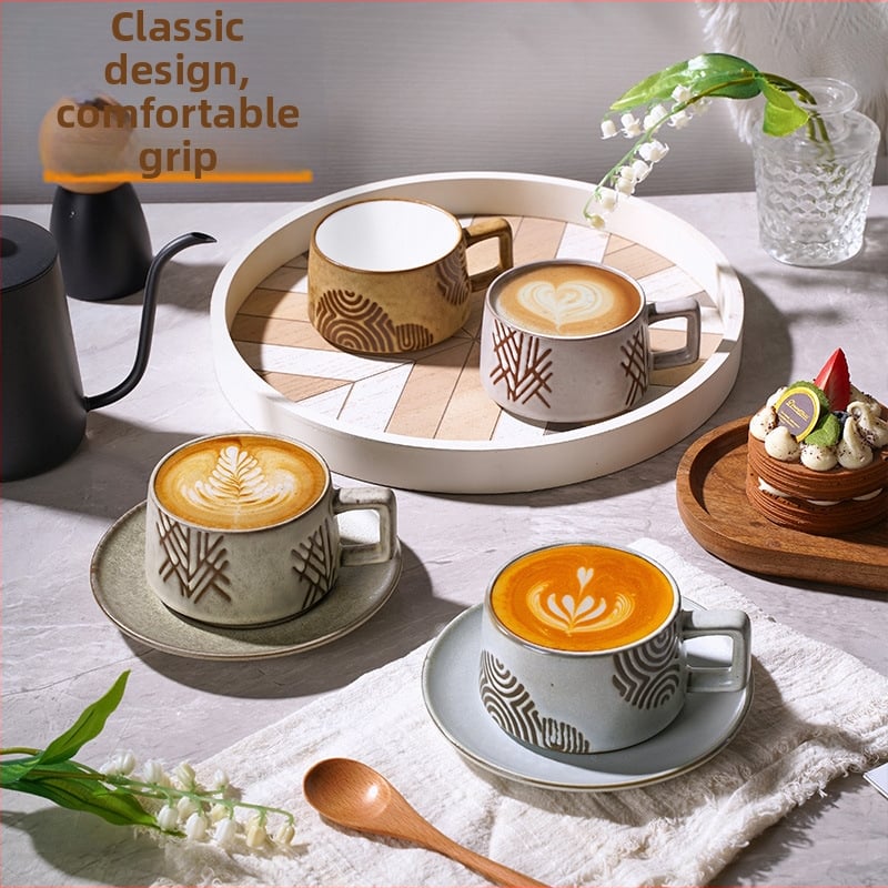 Set de cești de cafea din ceramică brută pentru mic dejun, stil vintage, căni latte pentru uz casnic