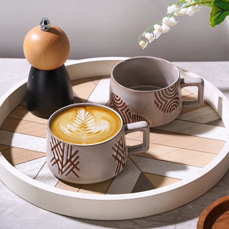 Set de cești de cafea din ceramică brută pentru mic dejun, stil vintage, căni latte pentru uz casnic