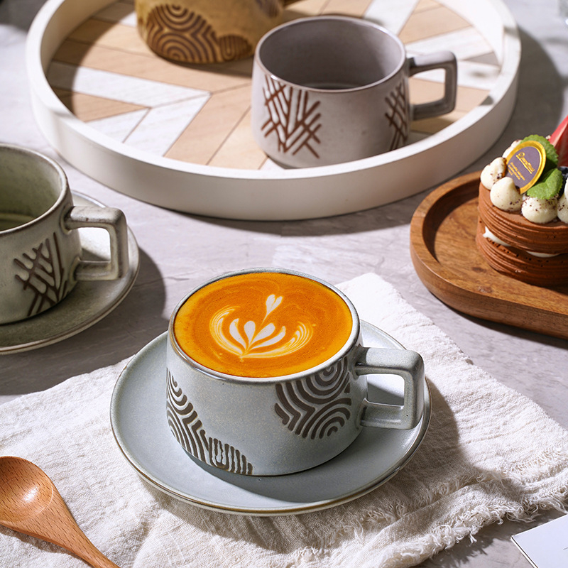 Set de cești de cafea din ceramică brută pentru mic dejun, stil vintage, căni latte pentru uz casnic