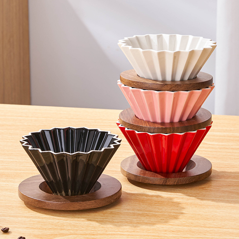 Set filtru cafea pentru preparare manuală cu V60, formă de tort și filtru origami, recipient ceramic pentru picurare
