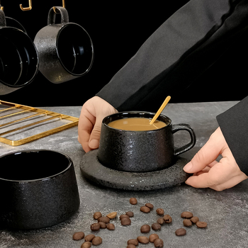 Керамичен комплект чаши за кафе с матова каменно-текстурна повърхност, latte art, за закуска и следобеден чай
