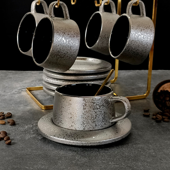 Керамичен комплект чаши за кафе с матова каменно-текстурна повърхност, latte art, за закуска и следобеден чай