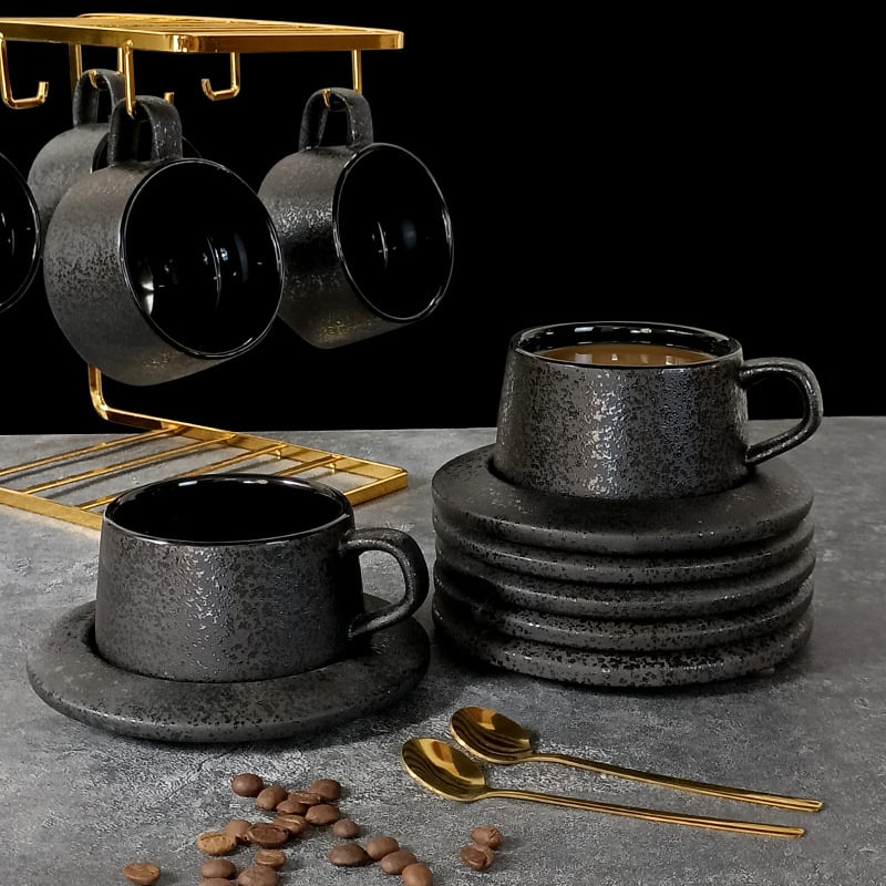 Керамичен комплект чаши за кафе с матова каменно-текстурна повърхност, latte art, за закуска и следобеден чай