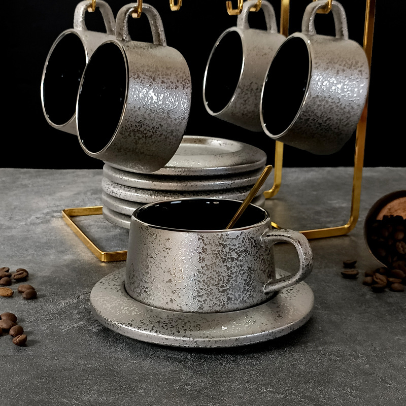 Керамичен комплект чаши за кафе с матова каменно-текстурна повърхност, latte art, за закуска и следобеден чай