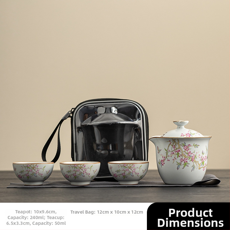 Prenosný set na čaj z Ru porcelánu na cestovanie: jeden čajník a tri šálky, kompaktná sada, vhodná pre firemné podujatia s logom