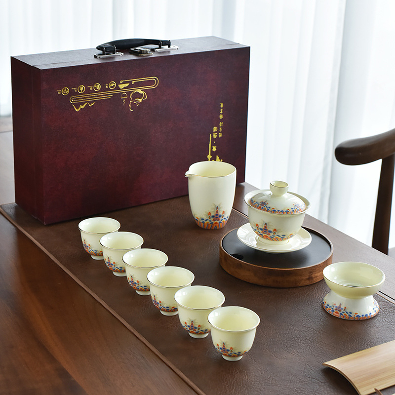 Σετ Gongfu τσαγιού από κίτρινο Jade με εμαγιέ φινίρισμα, σε πολυτελές κουτί δώρου για οικιακή χρήση