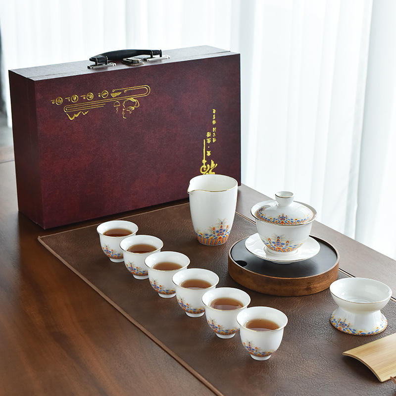 Σετ Gongfu τσαγιού από κίτρινο Jade με εμαγιέ φινίρισμα, σε πολυτελές κουτί δώρου για οικιακή χρήση