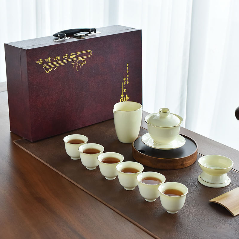 Σετ Gongfu τσαγιού από κίτρινο Jade με εμαγιέ φινίρισμα, σε πολυτελές κουτί δώρου για οικιακή χρήση