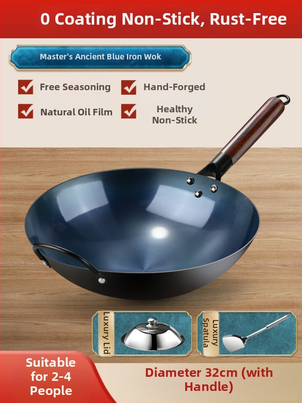 Wok din fontă, lucrat manual, stil clasic, potrivit pentru aragaz cu gaz, fără strat de acoperire