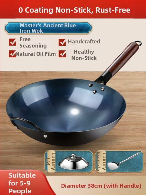 Wok din fontă, lucrat manual, stil clasic, potrivit pentru aragaz cu gaz, fără strat de acoperire