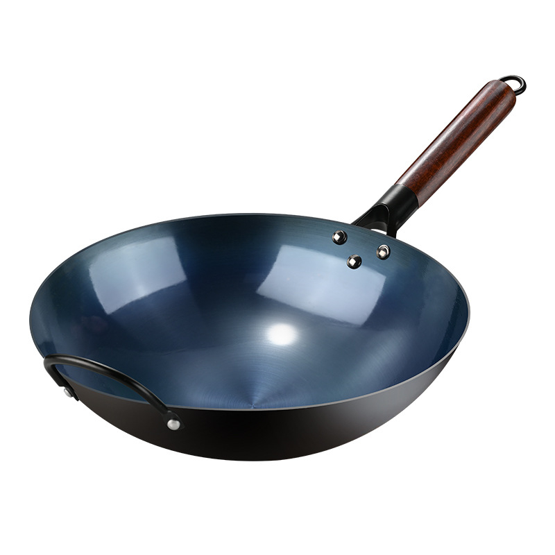 Wok din fontă, lucrat manual, stil clasic, potrivit pentru aragaz cu gaz, fără strat de acoperire