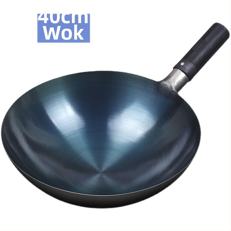 Tradičná liatinová wok panvica pre domáce použitie, nepriľnavá, vhodná na plynový sporák, ľahká, s guľatým dnom.
