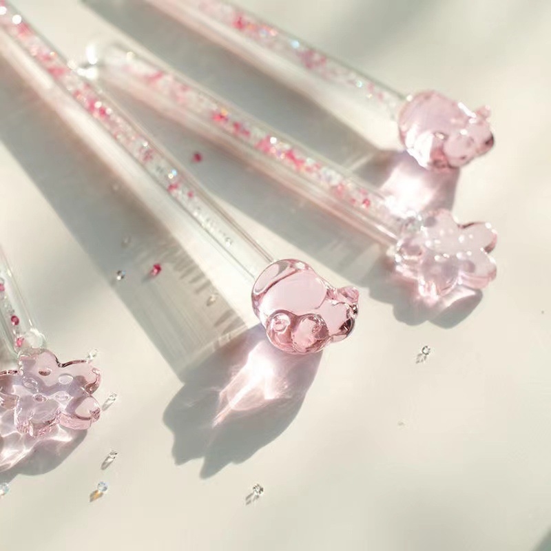 Baghetă de amestecare din sticlă transparentă, cu accente de cristale, motiv cer înstelat, amprente de labă de pisică și flor i sakură — accesoriu pentru ceașcă