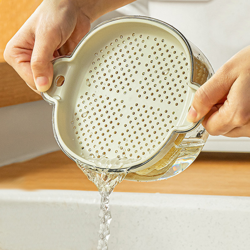 Coș din plastic cu două niveluri pentru scurgerea legumelor și fructelor, spălare și scurgere, dimensiuni 17.9 × 14 × 7.9 cm